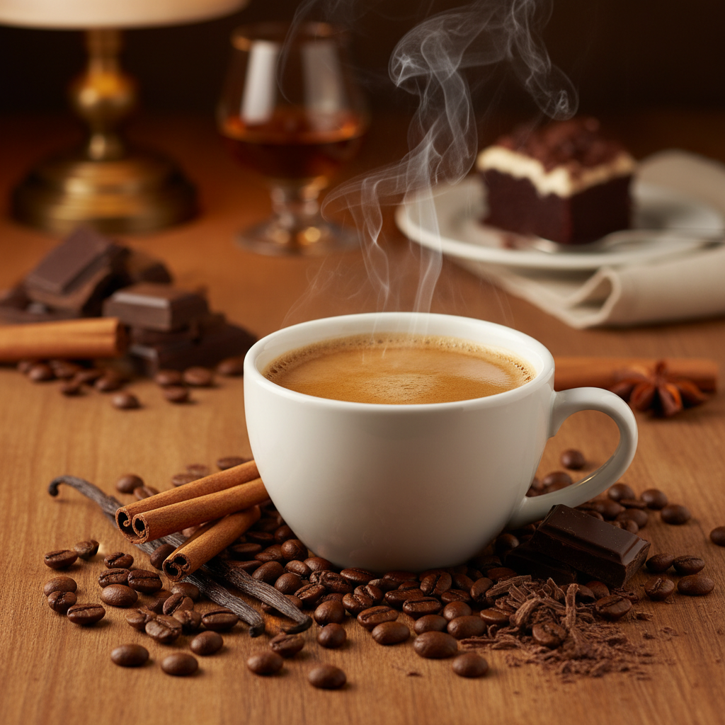 make a realistic image based from this description - This smooth coffee has hints of chocolate, cinnamon and vanilla. Delicious on it’s own or exceptional as an after dinner cordial with the Tequila or Kahlua.
All of our flavored coffees start as specialty grade single origin coffee roasted in small batches to a smooth medium. Each order is then carefully flavored with high quality flavoring oils while still warm.