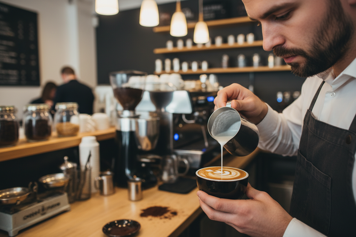 Make a realistic image of a barista perfecting the mocha coffee