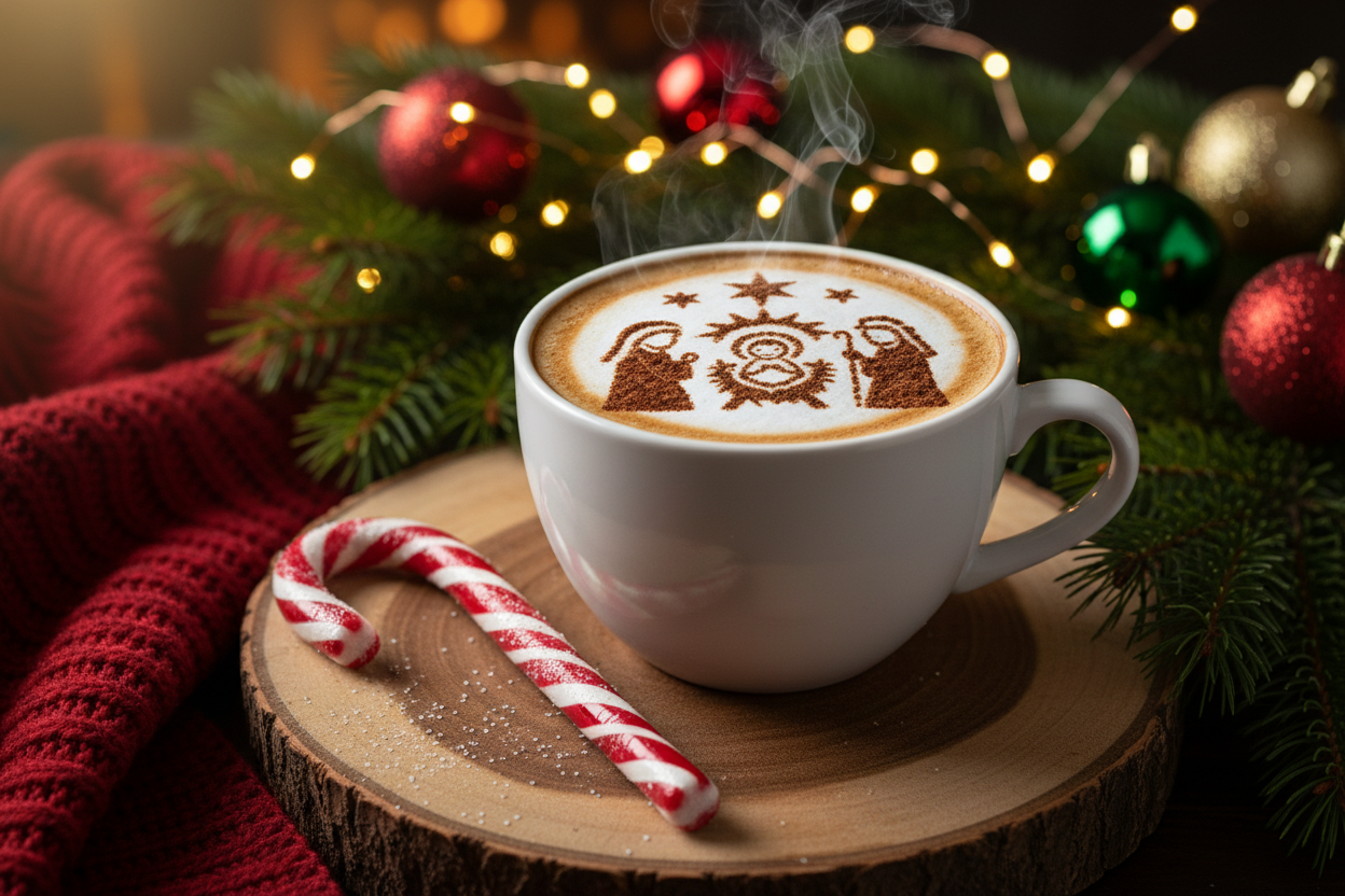 make a realistic image of candy cane with festive Christmas spirit. show a cup of coffee designed with nativity