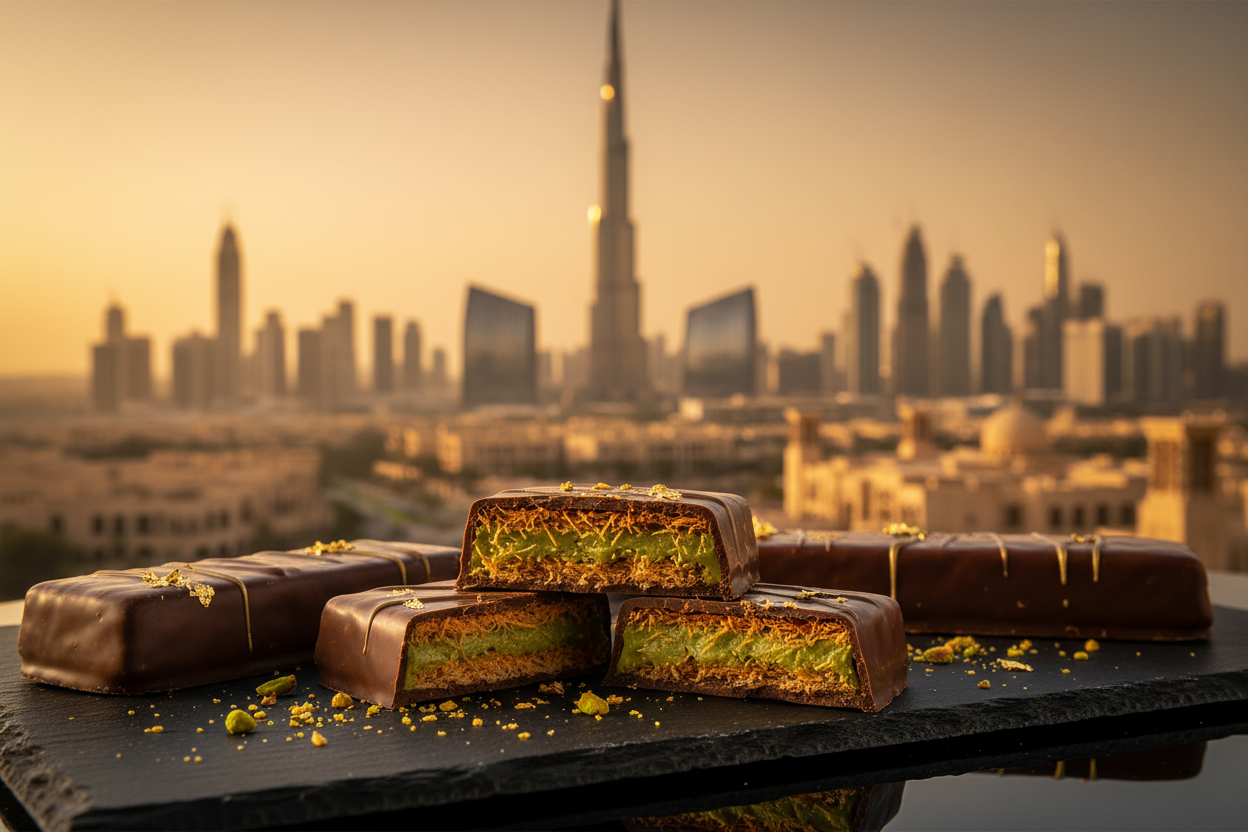 make a realistic image of dubai chocolate and the background where it came from