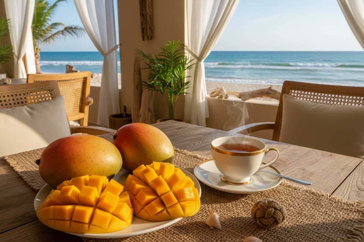 make a realistic image of sweet mangoes with a cup of tea beside it. background is in a cozy, beachy restaurant.