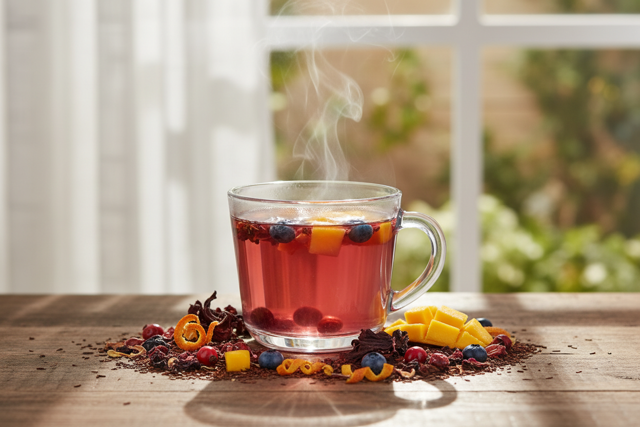 make an image of Flavored Herbal Tea: Organic Hibiscus Flowers, Organic Rosehips, Organic Orange Peel, Organic Rooibos, Organic Blueberry Flavor, Organic Passionfruit Flavor, Organic Mango Flavor with a cup of tea sitting on the table by the window