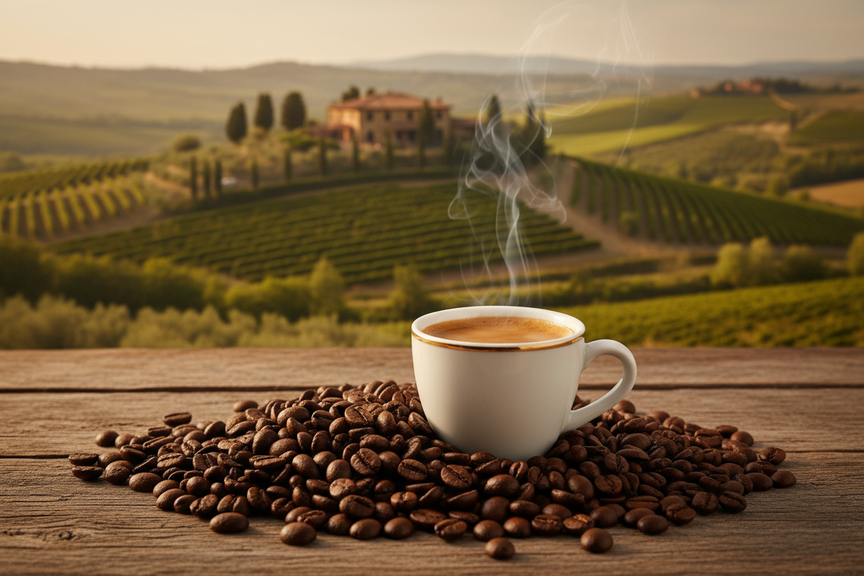 make an image of italian roast coffee that looks very appetizing. show the background where it came from