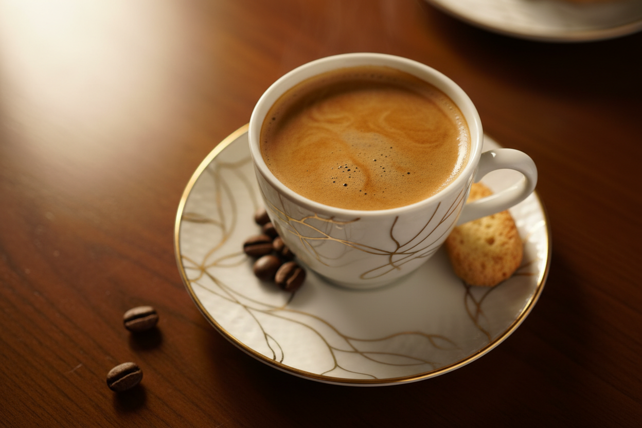 make a realistic image of a cup of coffee facing up showing the goodness of espresso. Make the cup white with design of gold on a gold saucer