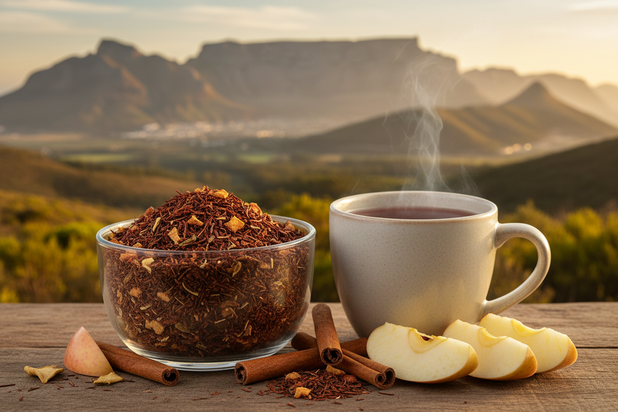 make a realistic image of apple cider rooibos with a cup tea beside it. make background show South Africa. create a vide that it is healthy drink