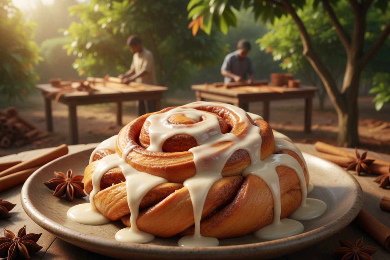 make a realistic image of cinnamon bun with a glazing on top of a plate. make a realistic background of where the cinnamon originated from. make it very appetizing