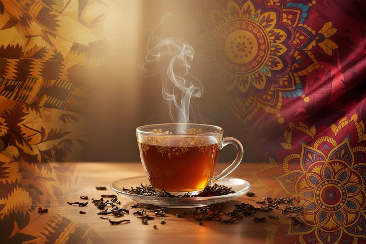 make a realistic image of English breakfast tea showing a combination of African and Indian background. make an aesthetic vibe