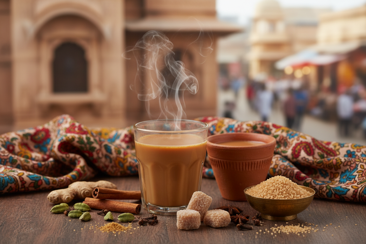 make a realistic image of Indian Masala Chai tea show wilk and sugar aesthetic. Show the background India. 