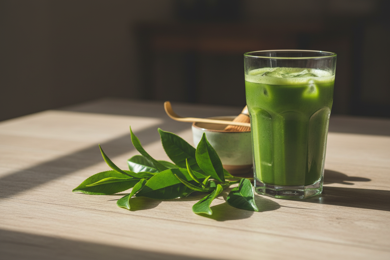 make a realistic image of matcha leaves, beside is the finished glass of matcha drink sitting on the table