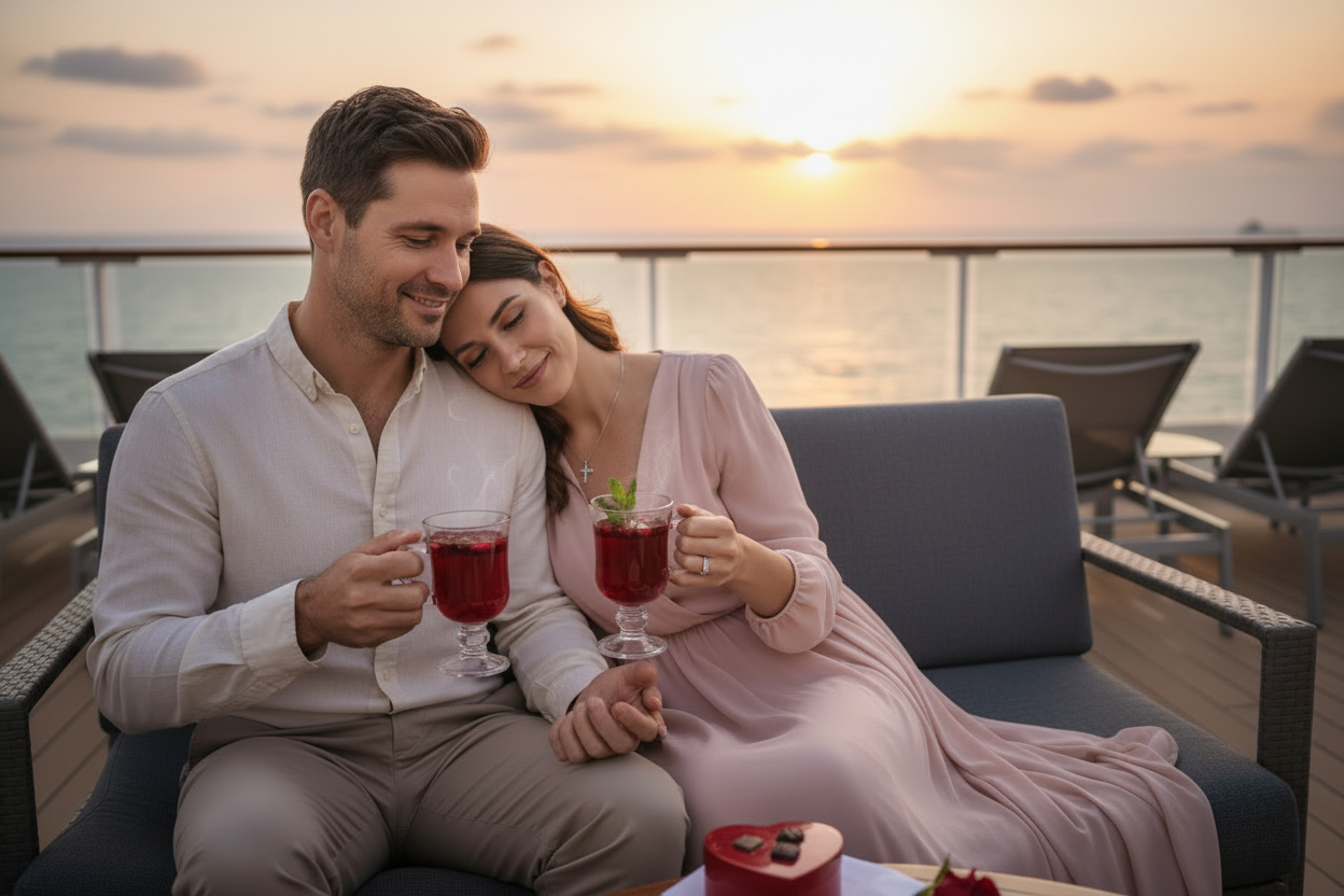make a realistic image of travelling couple on a cruise ship drinking hibiscus berry tea. make the image romantic and calm as they celebrate the Valentines Day. make the lady wear a necklace with cross pendant