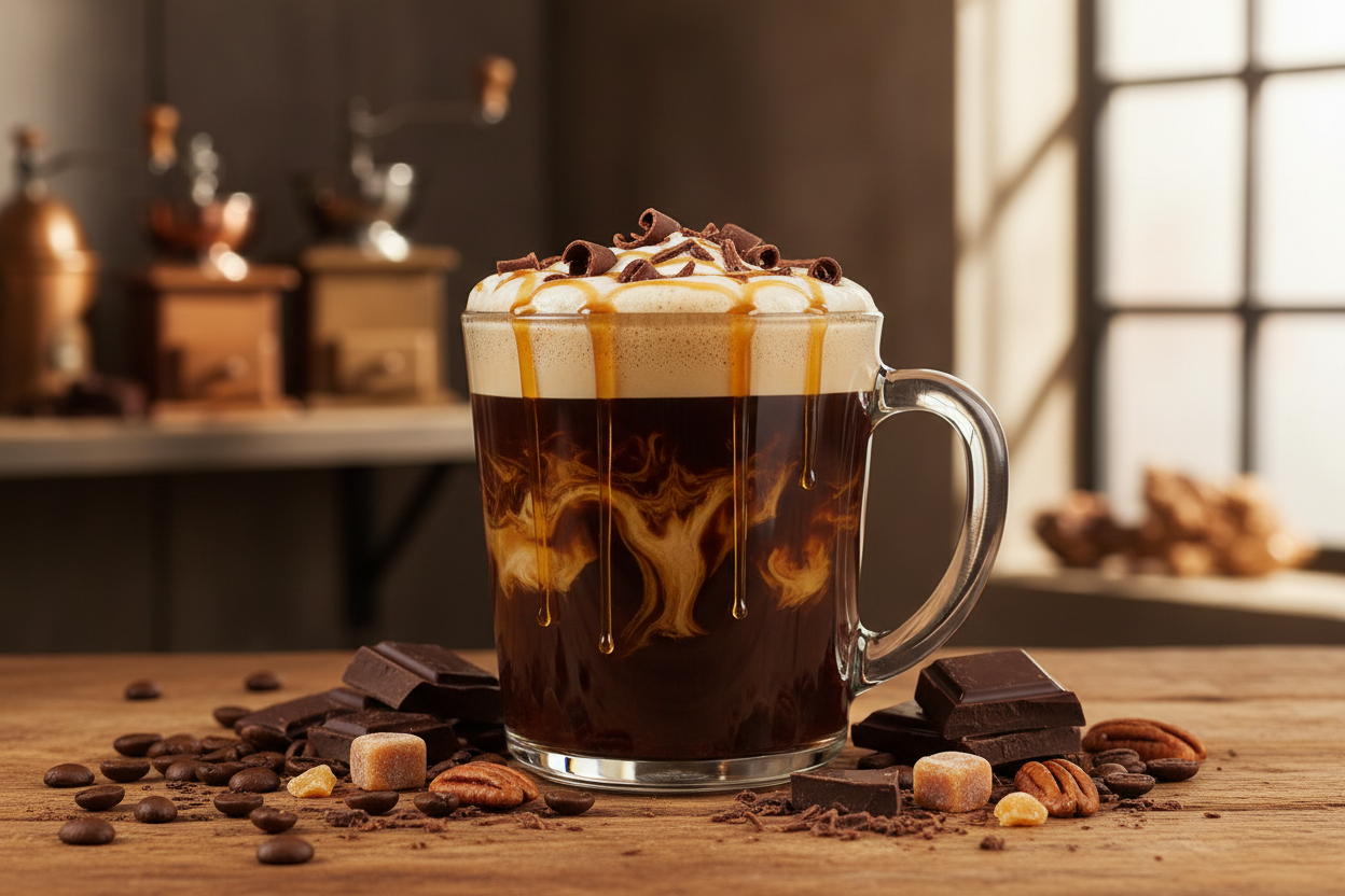 make a realistic image of turtle flavored coffee showing the background where it originated from. make it very appetizing