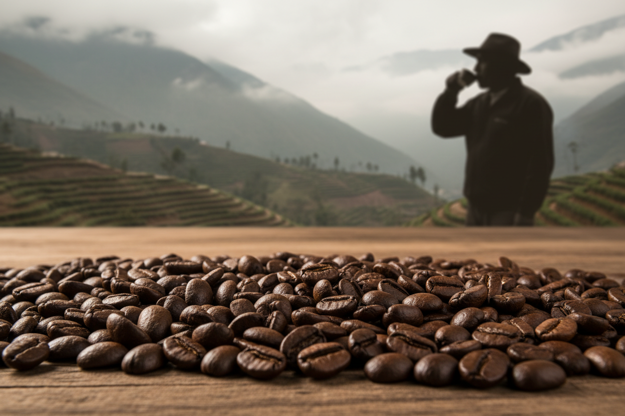 put a farmer on the background drinking a cup of coffee like a shadow image