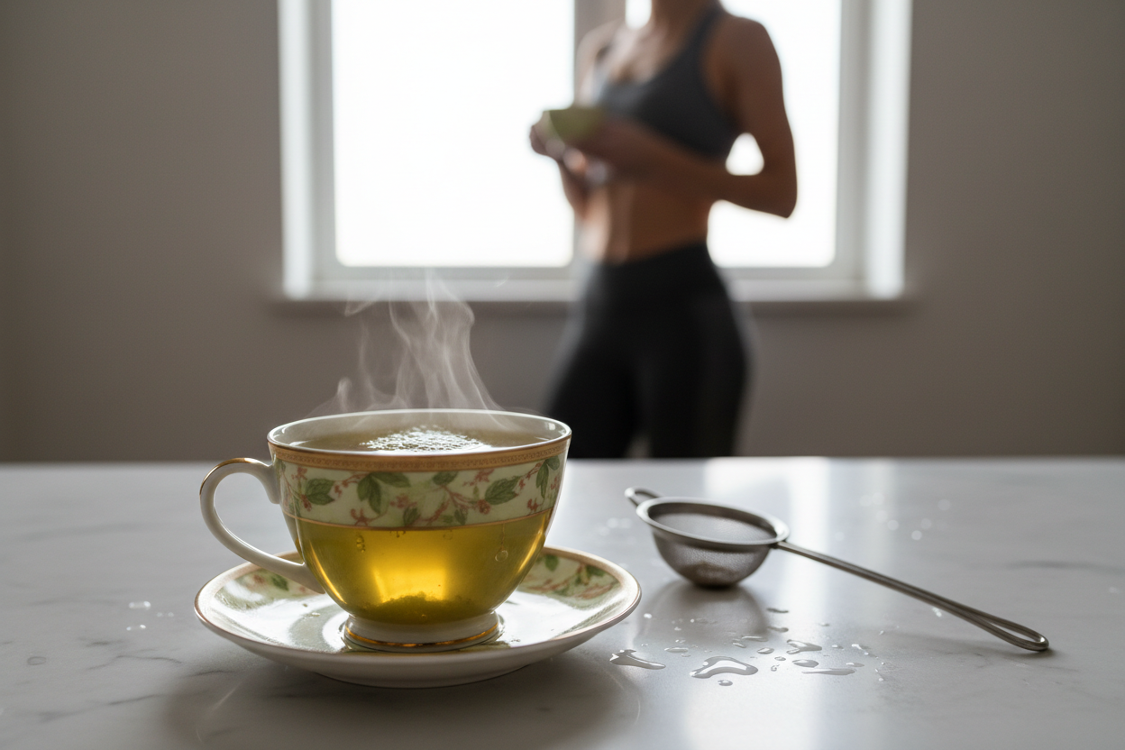 show a shadow of a gym person on the background drinking a cup. emphasis is on the tea